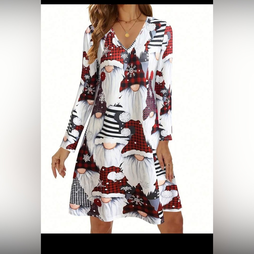 SHEIN Festive Gnome Print Long Sleeve Dress - V Neck Red and White 3X NWOT - Picture 4 of 9